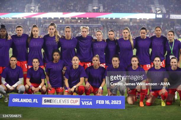 Players of Canada wearing purple t shirts with Enough is Enough on during the 2023 SheBelieves Cup match between Canada and United States at Exploria...