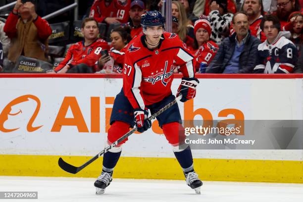 Trevor van Riemsdyk of the Washington Capitals waits for a pass during a game against the Florida Panthers at Capital One Arena on February 16, 2023...