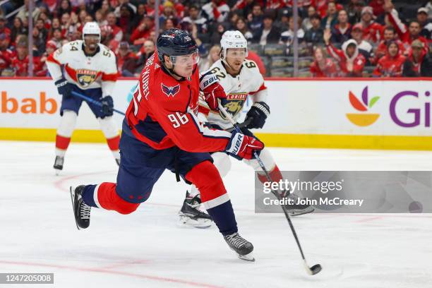 Nicolas Aube-Kubel of the Washington Capitals takes a shot on net during a game against the Florida Panthers at Capital One Arena on February 16,...