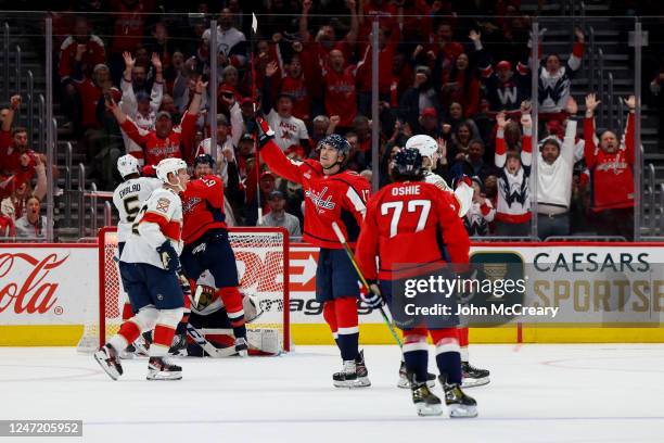 Dylan Strome of the Washington Capitals celebrates a second period goal against the Florida Panthers at Capital One Arena on February 16, 2023 in...