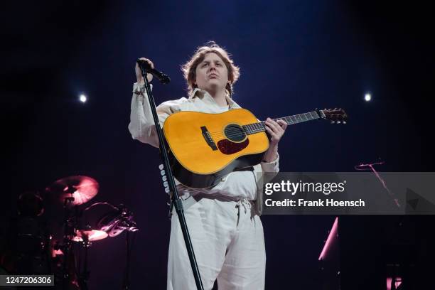 British singer Lewis Capaldi performs live on stage during a concert at the Mercedes-Benz Arena on February 16, 2023 in Berlin, Germany.