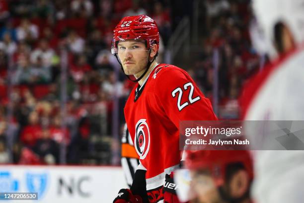Brett Pesce of the Carolina Hurricanes looks on during the second period of the game against the Montreal Canadiens at PNC Arena on February 16, 2023...