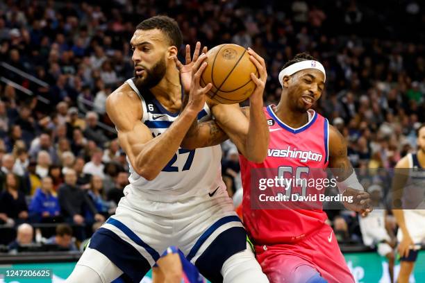 Rudy Gobert of the Minnesota Timberwolves goes to the basket while Delon Wright of the Washington Wizards defends in the second quarter of the game...