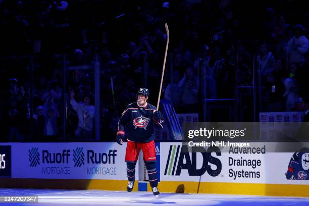 Patrik Laine of the Columbus Blue Jackets acknowledges the crowd after being named the second star following a 3-1 victory over the Winnipeg Jets in...