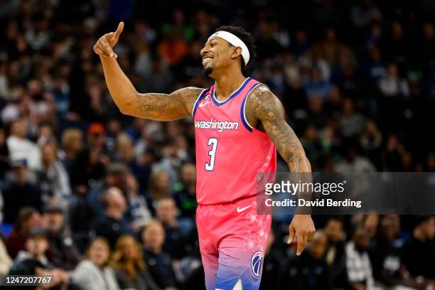 Bradley Beal of the Washington Wizards celebrates his three-point basket against the Minnesota Timberwolves in the fourth quarter of the game at...
