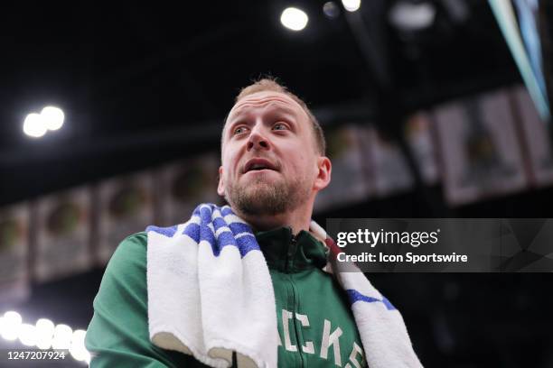 Milwaukee Bucks Guard Joe Ingles looks on during a NBA game between the Milwaukee Bucks and the Chicago Bulls on February 16, 2023 at the United...