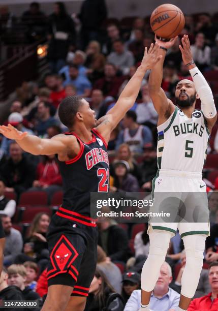 Chicago Bulls Forward Derrick Jones Jr. Shoots a 3-point basket during a NBA game between the Milwaukee Bucks and the Chicago Bulls on February 16,...