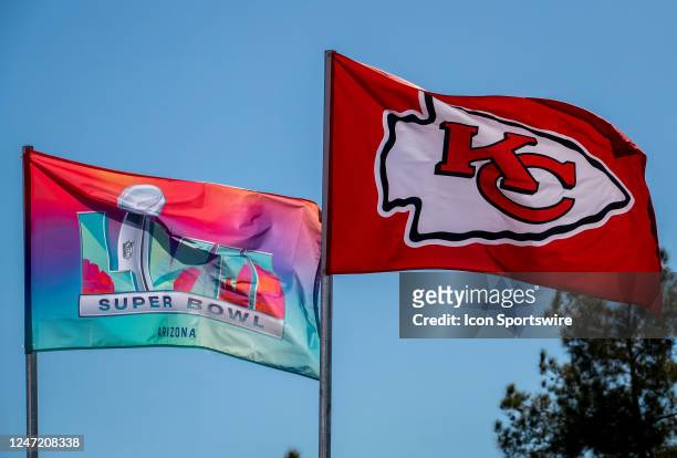 The Kansas City Chiefs logo waves in the breeze next to the Super Bowl LVII flag prior to the Super Bowl LVII game between the Philadelphia Eagles...