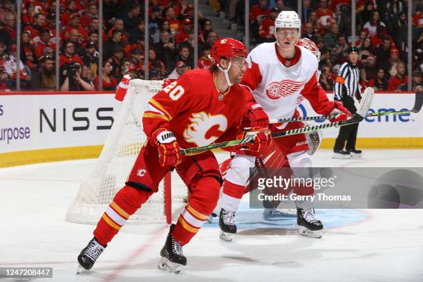 Blake Coleman of the Calgary Flames skates up ice against the Detroit Red Wings at Scotiabank Saddledome on February 16, 2023 in Calgary, Alberta,...