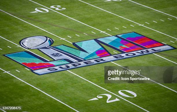 The Super Bowl LVII logo on display prior to the Super Bowl LVII game between the Philadelphia Eagles and the Kansas City Chiefs on Sunday February...