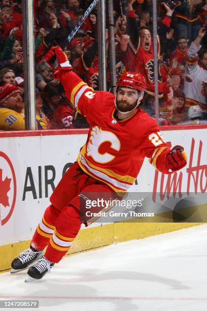 Dillon Dube of the Calgary Flames celebrates after a goal against the Detroit Red Wings at Scotiabank Saddledome on February 16, 2023 in Calgary,...