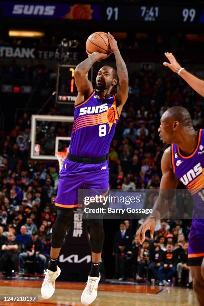 Terrance Ross of the Phoenix Suns shoots the ball during the game on Febuary 16, 2023 at Footprint Center in Phoenix, Arizona. NOTE TO USER: User...