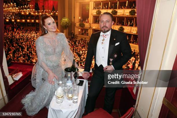 Barbara Meier and Klemens Hallmann during the Vienna Opera Ball on February 16, 2023 at state opera in Vienna, Austria.