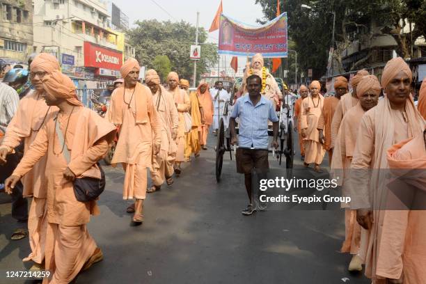 Hindu monks on horseback take part during a procession as part of the Maha Shiv Ratri celebration, a popular Hindu festival celebrated every year in...