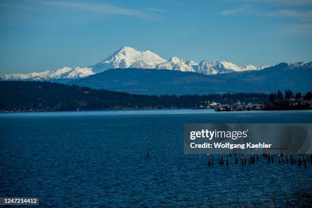 View of Mount Baker from the Washington State Ferry terminal in Anacortes, Washington State, United States.