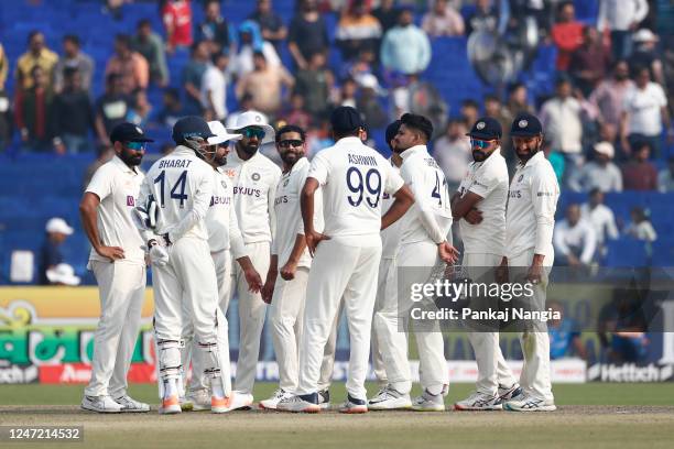 Ravindra Jadeja of India celebrates the wicket of Pat Cummins of Australia during day one of the Second Test match in the series between India and...