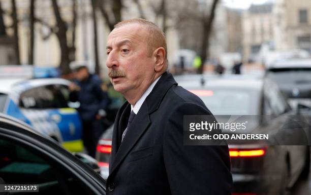 Azerbaijan's President Ilham Aliyev arrives at the Bayerischer Hof hotel, venue of the Munich Security Conference in Munich, southern Germany, before...
