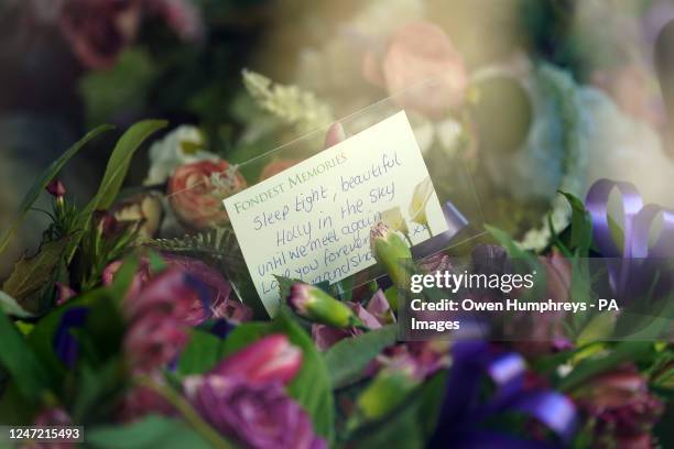 Floral tribute for the funeral of Holly Newton at Hexham Abbey in Hexham, Northumberland. Holly was found injured following a stabbing in the...