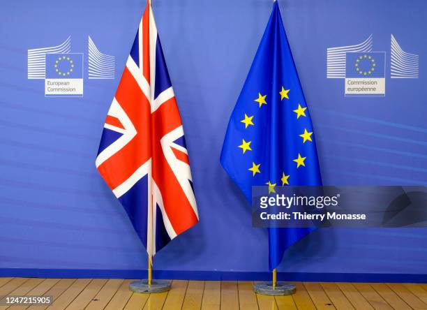 The Union Flag and the EU flag are seen prior to a bilateral meeting between UK and EU in the Berlaymont, the EU Commission headquarter on February...
