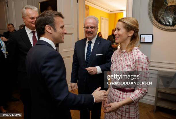 Lithuania's President Gitanas Nauseda and Latvia's President Egils Levits look on as French President Emmanuel Macron greets Estonia's Prime Minister...