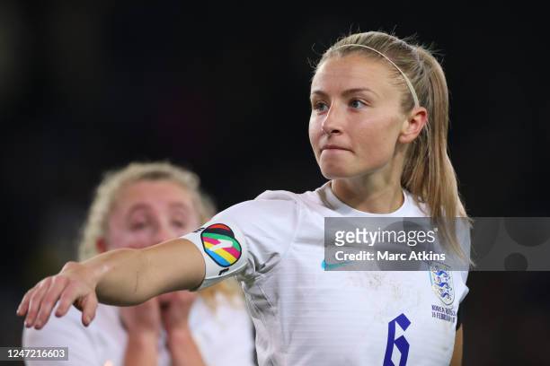 Leah Williamson of England wearing a one love armband during the Arnold Clark Cup match between England and Korea Republic at Stadium MK on February...