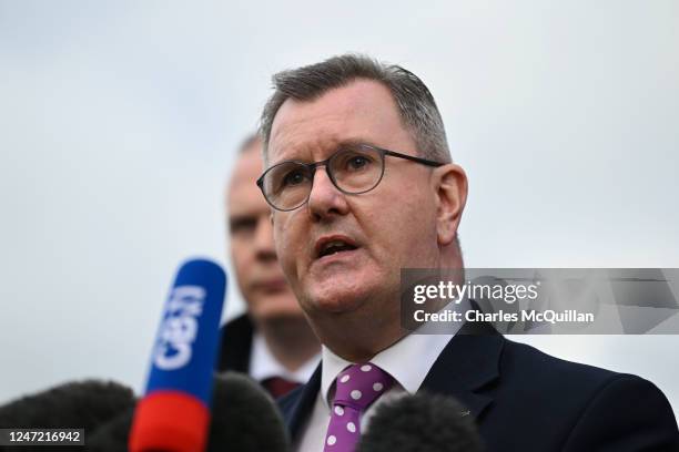 Leader Sir Jeffrey Donaldson talks to the media after holding talks with UK Prime Minister Rishi Sunak at Culloden hotel on February 17, 2023 in...