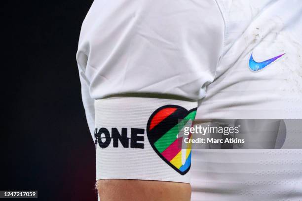 Leah Williamson of England wearing a one love armband during the Arnold Clark Cup match between England and Korea Republic at Stadium MK on February...