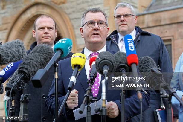 Northern Ireland's Democratic Unionist Party leader Jeffrey Donaldson speaks to members of the media outside the Culloden Hotel near Belfast, on...