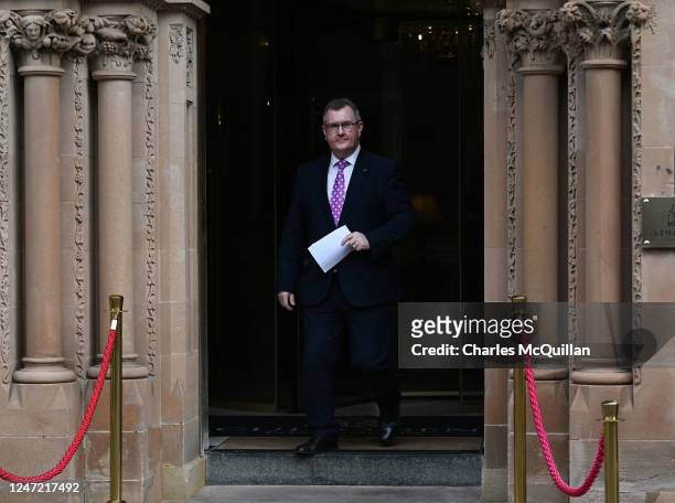 Leader Sir Jeffrey Donaldson arrives to talk to the media after holding talks with UK Prime Minister Rishi Sunak at Culloden hotel on February 17,...