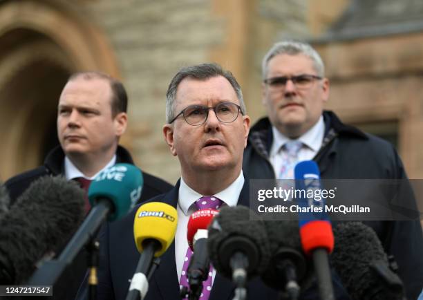 Leader Sir Jeffrey Donaldson talks to the media after holding talks with UK Prime Minister Rishi Sunak at Culloden hotel on February 17, 2023 in...