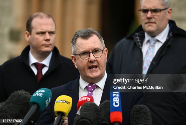 Leader Sir Jeffrey Donaldson talks to the media after holding talks with UK Prime Minister Rishi Sunak at Culloden hotel on February 17, 2023 in...