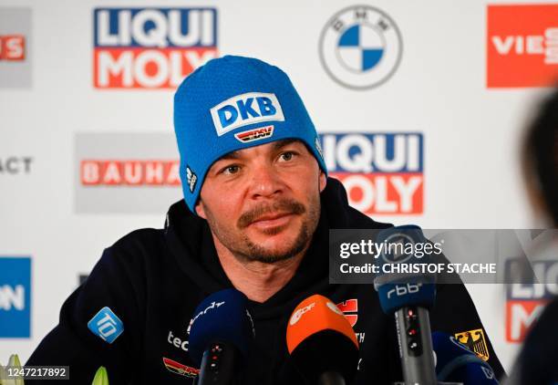 Germanys headcoach of the women's biathlon team Kristian Mehringer gives a press conference before a free practice session at the IBU Biathlon World...