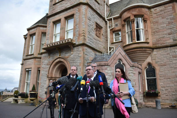 Leader Sir Jeffrey Donaldson talks to the media after holding talks with UK Prime Minister Rishi Sunak at Culloden hotel on February 17, 2023 in...