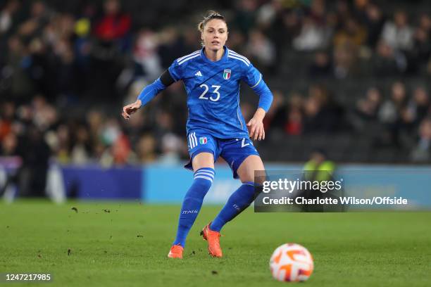 Cecilia Salvai of Italy during the Arnold Clark Cup match between Italy and Belgium at Stadium mk on February 16, 2023 in Milton Keynes, England.