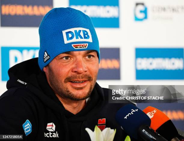 Germanys headcoach of the women's biathlon team Kristian Mehringer gives a press conference before a free practice session at the IBU Biathlon World...