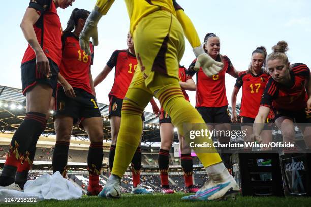 Belgium form a team huddle during the Arnold Clark Cup match between Italy and Belgium at Stadium mk on February 16, 2023 in Milton Keynes, England.