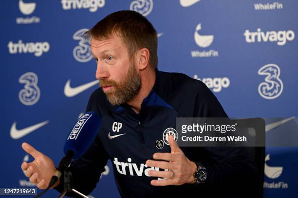 Graham Potter of Chelsea speaks during a press conference at Chelsea Training Ground on February 17, 2023 in Cobham, England.