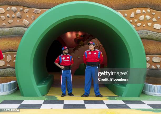 Workers during a media preview of Super Nintendo World theme park at Universal Studios Hollywood in Universal City, California, US, on Thursday, Feb....