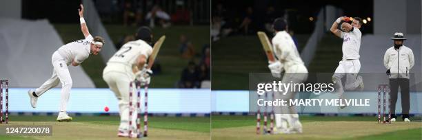 This combination of photographs created on February 17 shows England's Stuart Broad as he bowls to New Zealand's Kane Williamson during day one of...