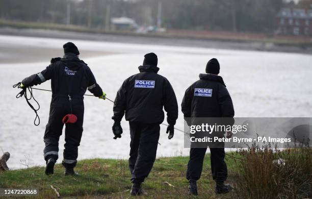 Police search teams on the banks of the River Wyre in Hambleton, Lancashire, as police continue their search for missing woman Nicola Bulley who...