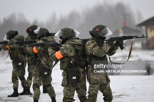 Cadets of the Military Academy of the Republic of Belarus hold a combat training at the Belaya Luzha training centre outside the town of Zhodino in...