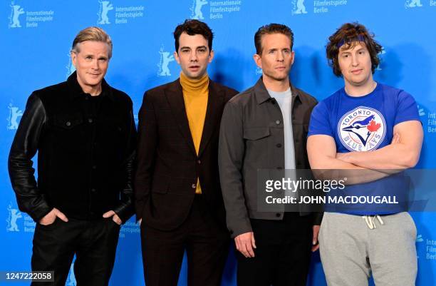 British actor Cary Elwes, Canadian actor Jay Baruchel, US actor Glenn Howerton and Canadian actor and filmmaker Matt Johnson attend a photocall for...