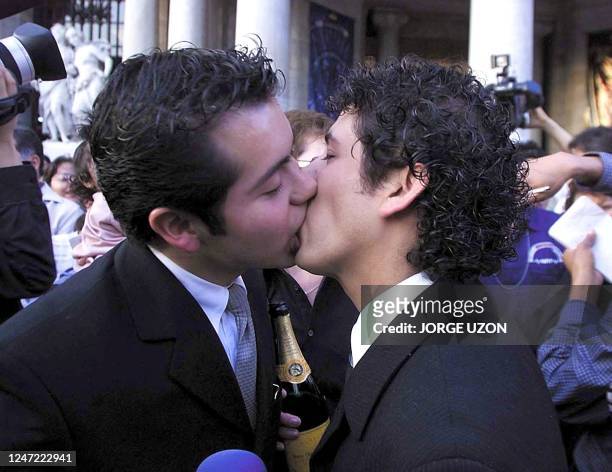 Homosexual couple kisses and marries outside of the Palacio de Bellas Artes in Mexico City 14 February 2001. Nearly 200 gay couples celebrated...