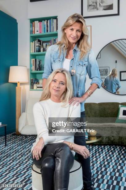 Sarah Poniatowski interior designer and her sister Marie Poniatowski jewelry designer are photographed for Paris Match on November 07, 2022 in Paris,...