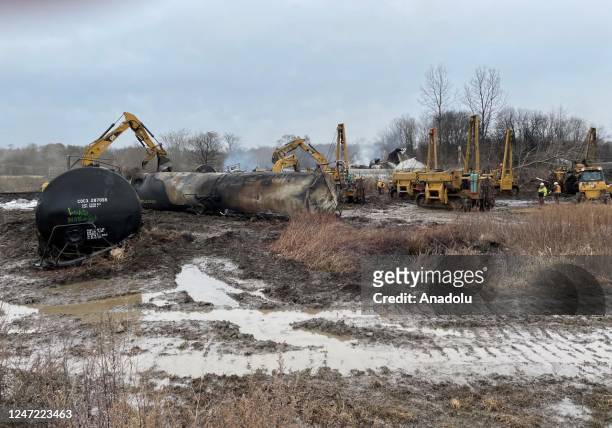Officials continue to conduct operation and inspect the area after the train derailment in East Palestine, Ohio, United States on February 17, 2023....
