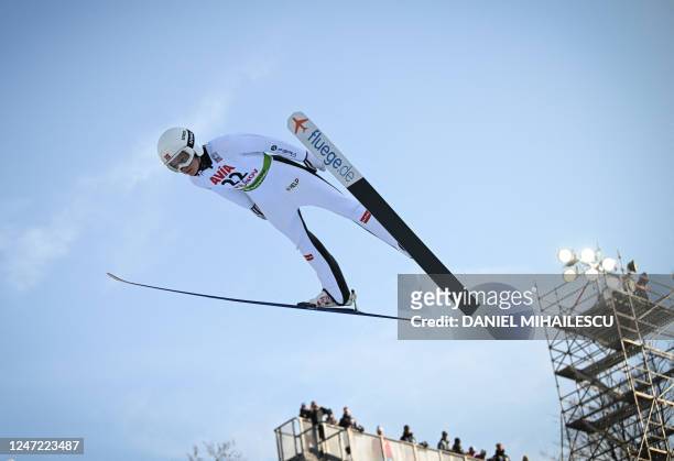 Norway's Eirin Maria Kvandal jumps during women normal hill individual of FIS Ski Jumping World Cup in Rasnov city February 17, 2023.