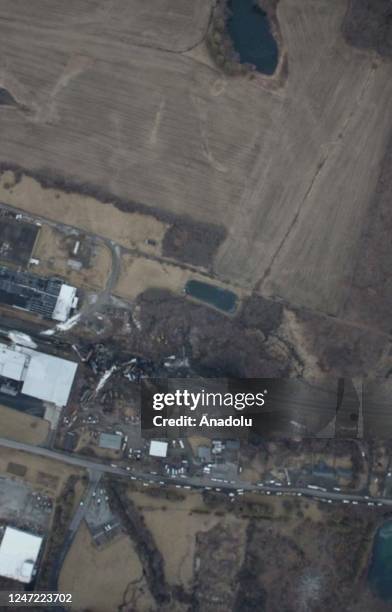 An aerial view of the site as officials continue to conduct operation and inspect the area after the train derailment in East Palestine, Ohio, United...