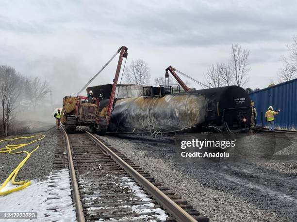 Officials continue to conduct operation and inspect the area after the train derailment in East Palestine, Ohio, United States on February 17, 2023....