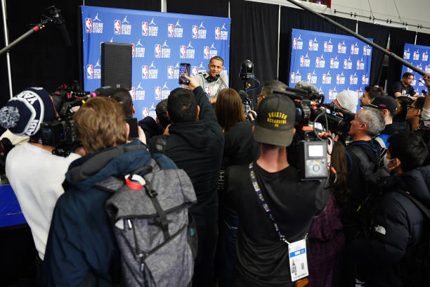 Paolo Banchero of Team Pau talks to the media during Rising Stars Practice and Media Day as part of 2023 NBA All Star Weekend on Friday, February 17,...