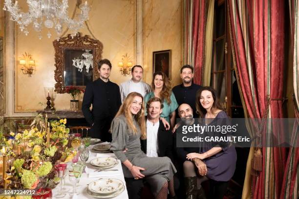 The dinner is prepared by the chef Sebastien Sanjou. Here, he is photographed for Paris Match with his guests : Lucas Bravo, Marlene Schiappa,...